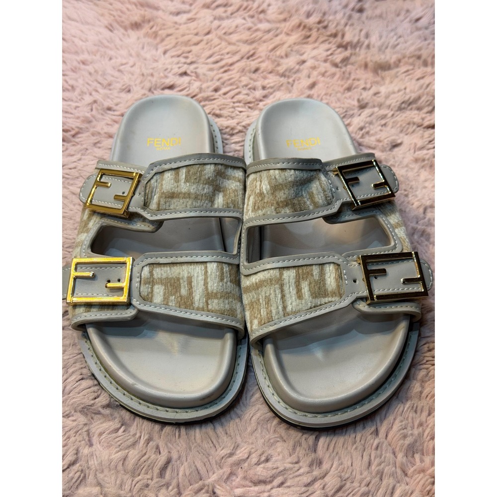 Fendi Feel FF Monogram Tapestry Slide Sandals Grey Beige Gold Buckle Size 39 - Picture 7 of 7